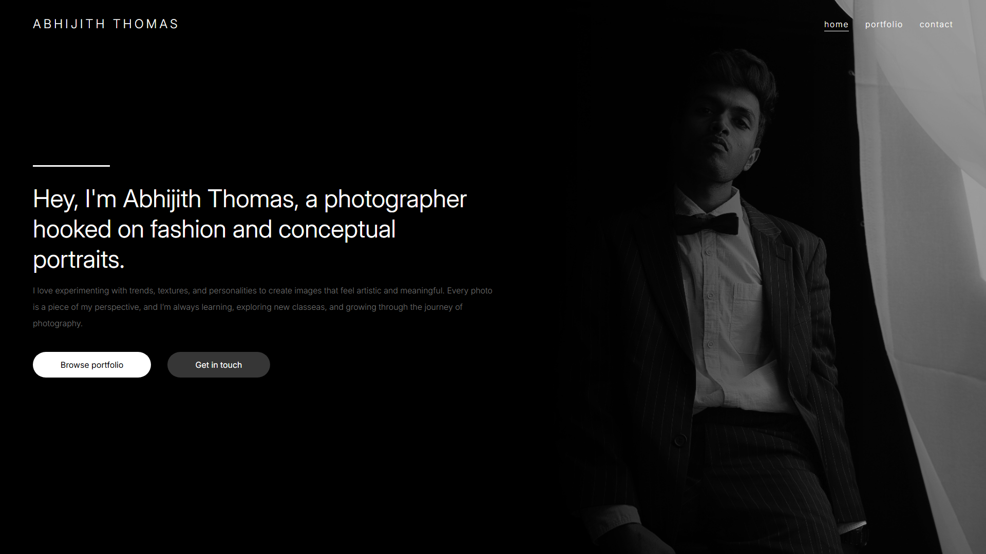 Abhijith Thomas Photography website — custom portfolio built by Justin Vera, freelance web developer. This site is a dark, minimal portfolio website built to let the photography speak with a clean gallery layout with lightbox viewing, optimized image delivery, and an integrated contact form