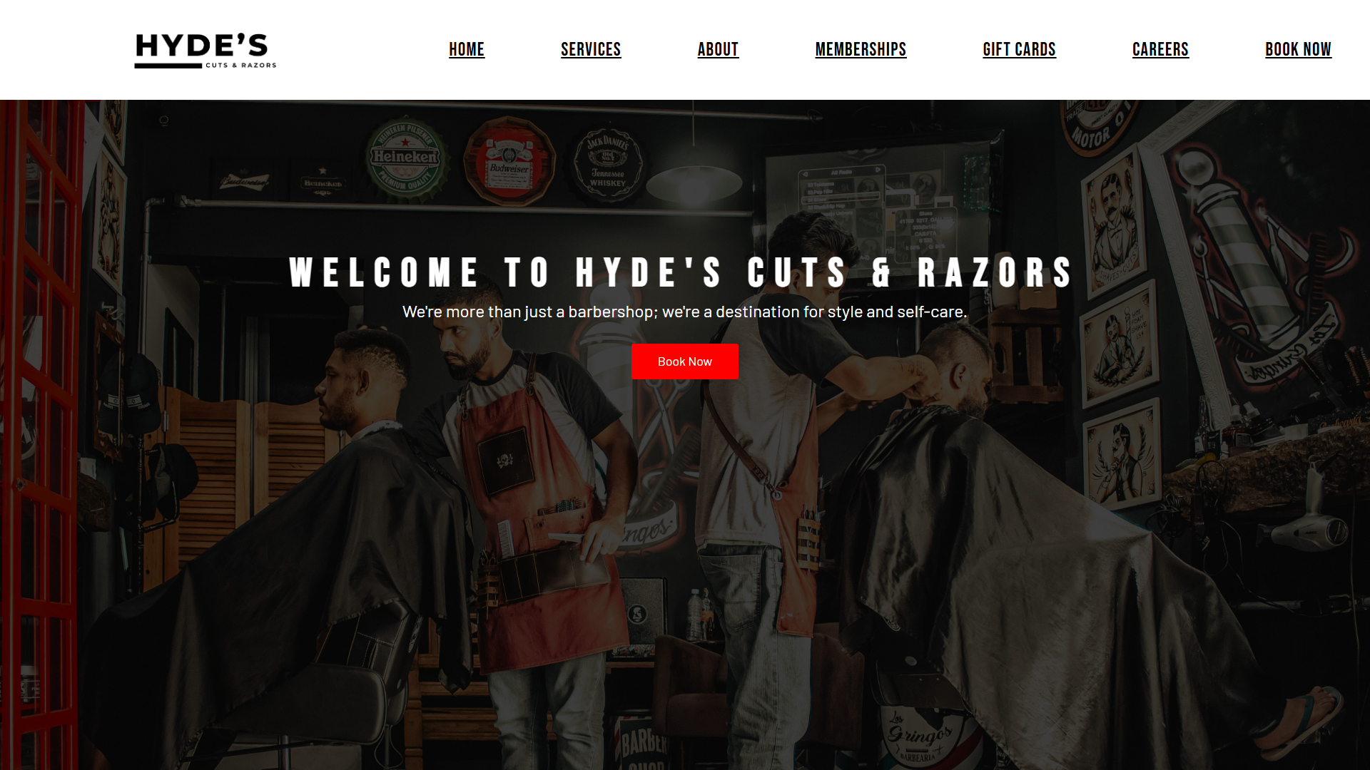 Hyde's Cuts & Razors website — custom portfolio built by Justin Vera, freelance web developer. This website is a bold, bright site for a local barbershop built to attract walk-ins with an integrated Google Maps location and contact form.